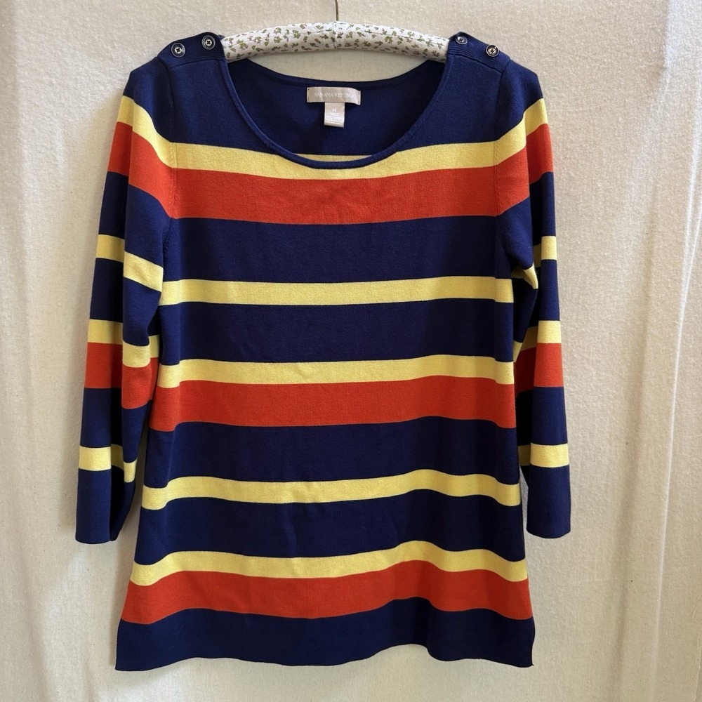 Banana Republic Navy Yellow Orange Striped Sweater 3/4 Sleeves Stretch Sz Medium